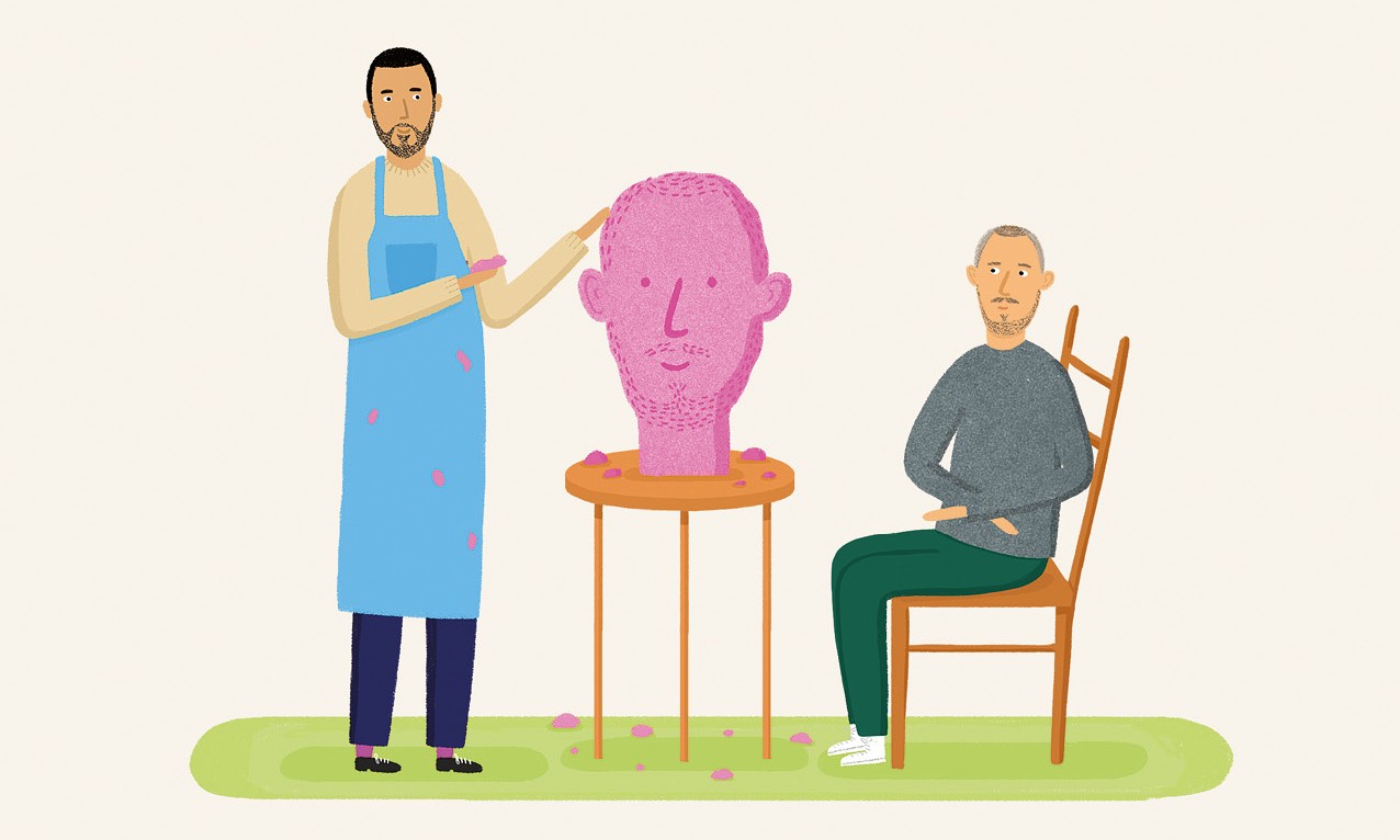 A man sits down and a man stands up