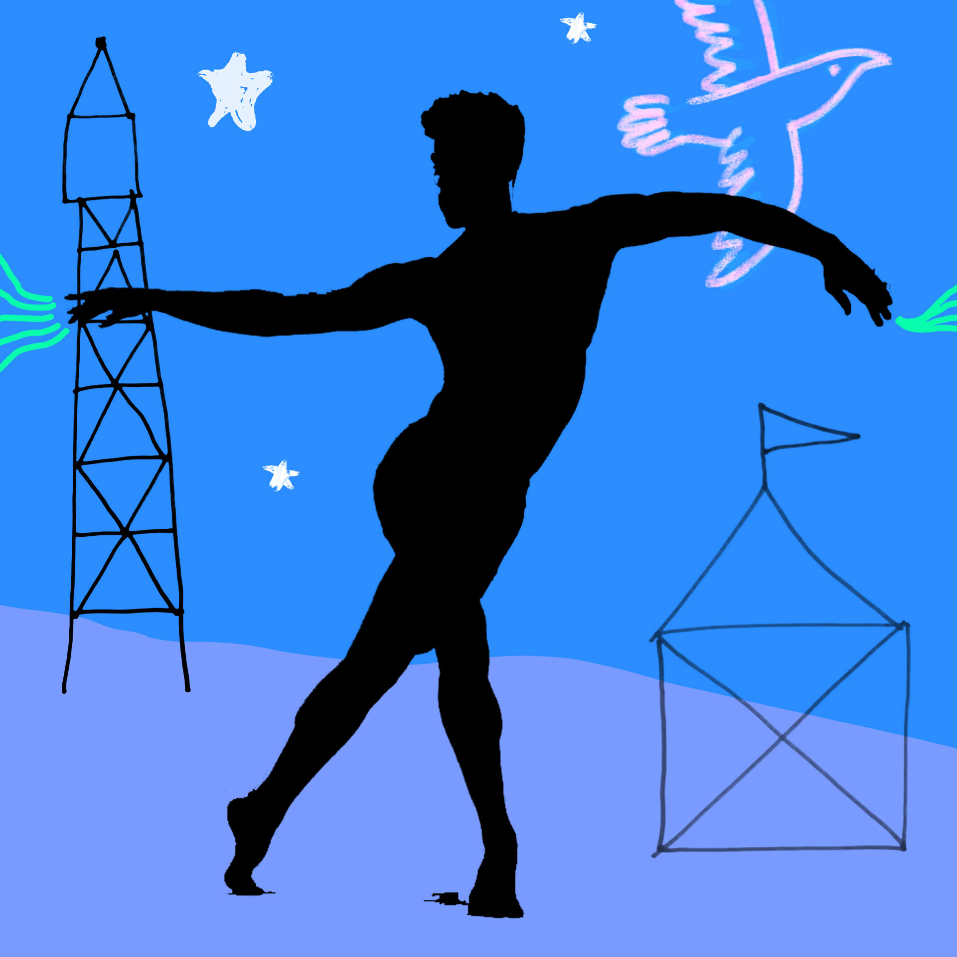 a black silhouette of a dancer stands in the middle of the image, with drawings either side