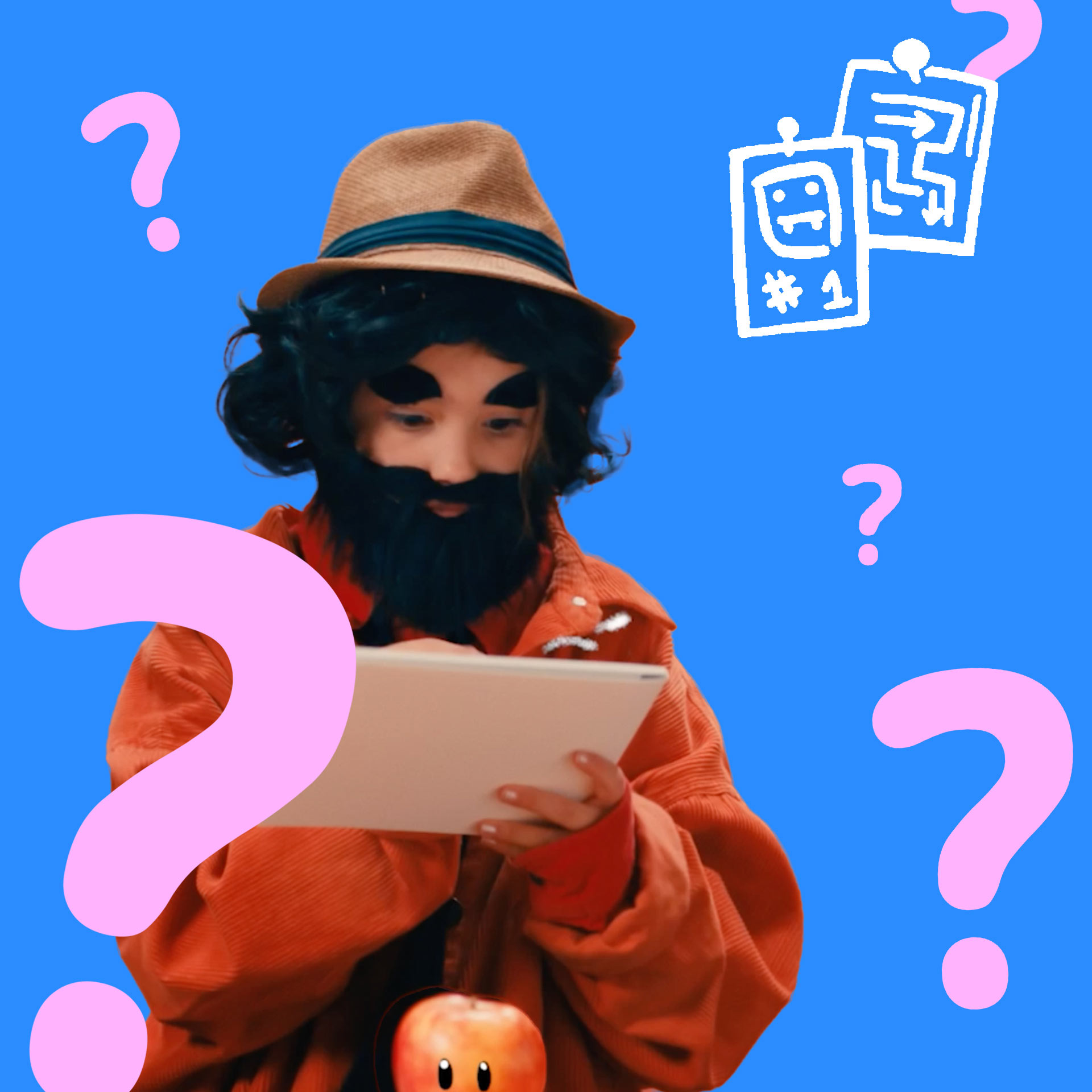 A child dressed in an artist's costume draws on a piece of paper, surrounded by question marks