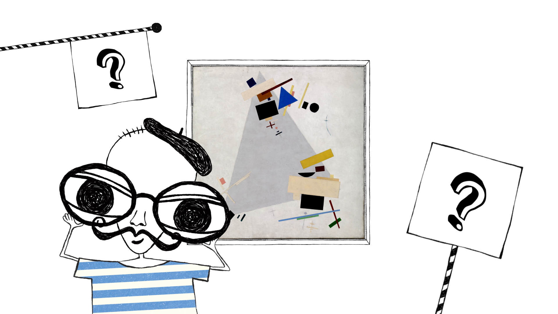 A cartoon drawing of a boy using binoculars looks at the viewer with an image of Kazimir Malevich's Dynamic Suprematism painting behind him